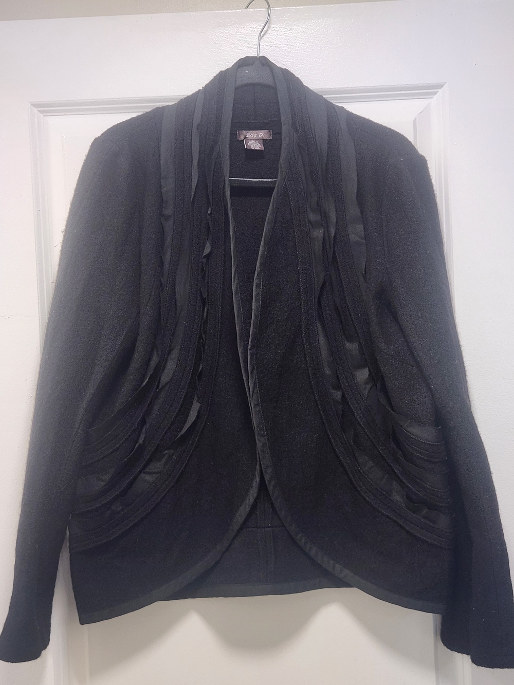 Zoe D. Black Boiled Wool Blend Open Front Ruffle Cardigan Jacket L
